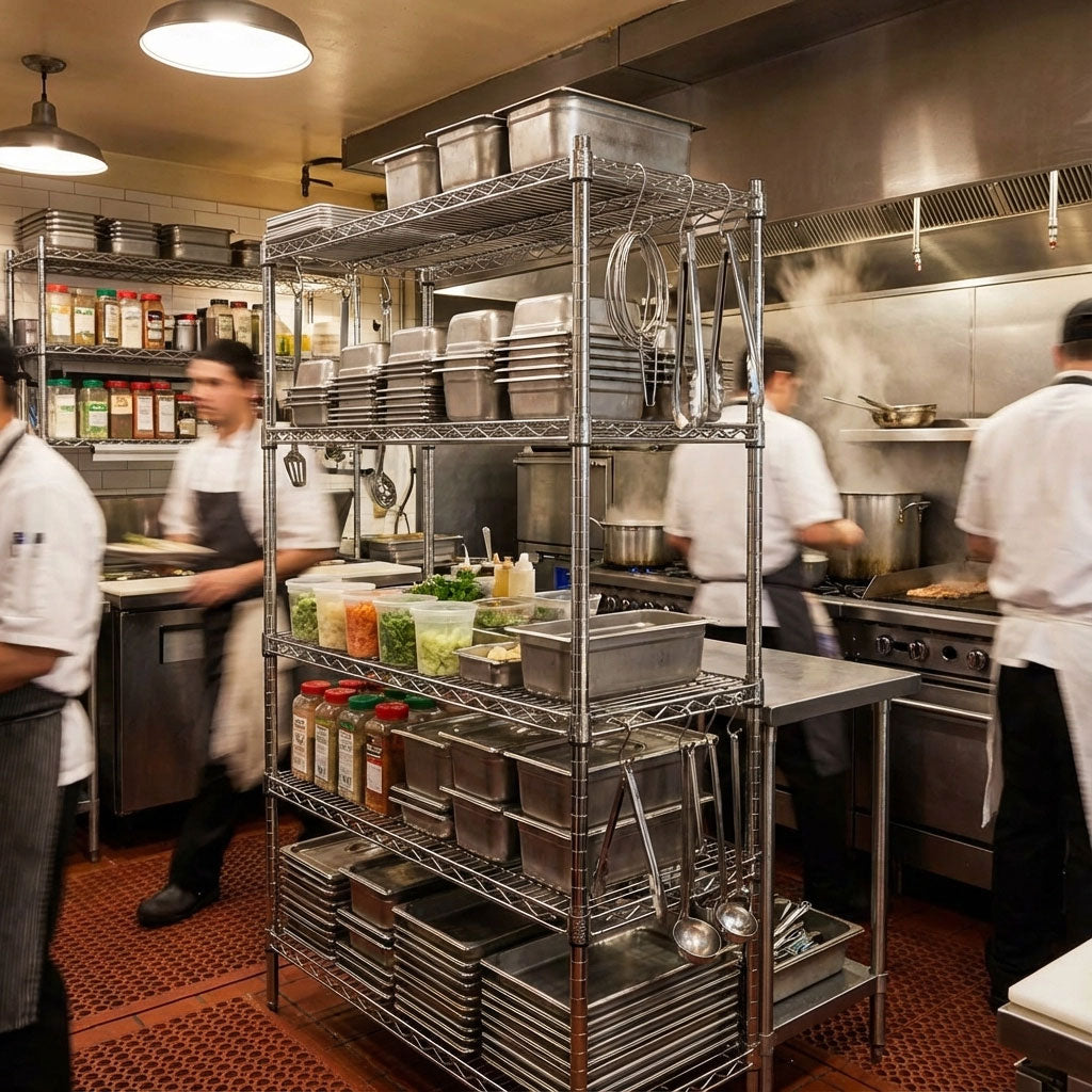 Open stainless wire rack in a commercial kitchen