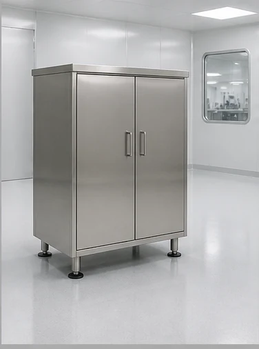 Stainless steel cleanroom cabinet on adjustable feet