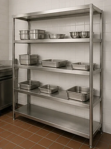 Wall-backed stainless steel kitchen rack