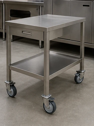 Mobile stainless steel preparation trolley with drawer