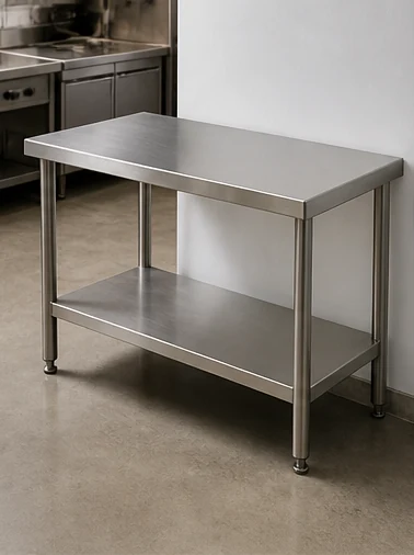 Open stainless steel prep table with solid undershelf