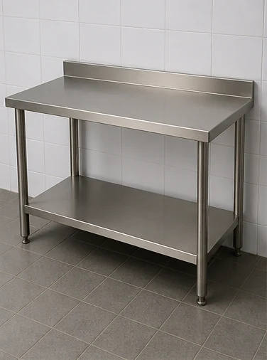 Wall-side stainless steel work table with rear backsplash