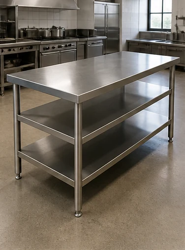 Stainless steel island table with two undershelves