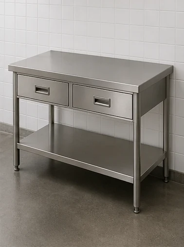Stainless steel work table with two drawers