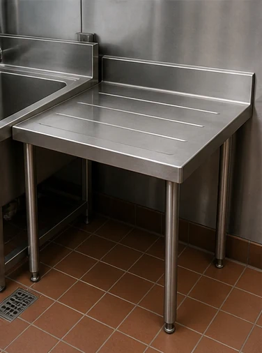 Stainless steel landing table beside a sink